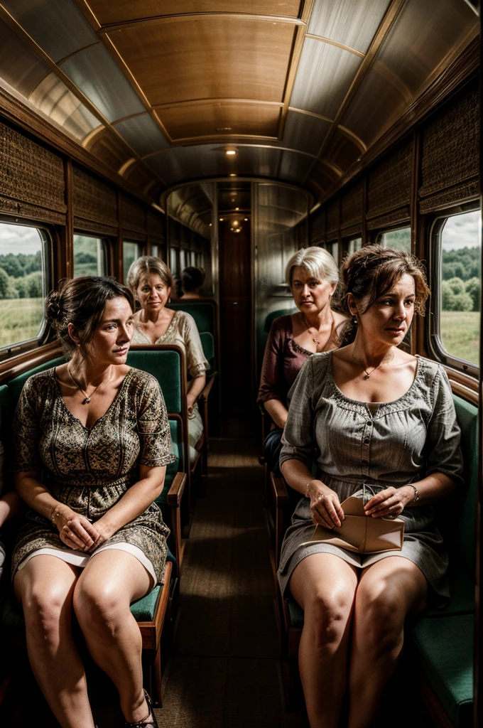 In a luxurious train compartment traveling through the picturesque countryside, a group of middle-aged ladies from the late 18th century gathers, their attire and expressions marking them as figures of intrigue and authority.