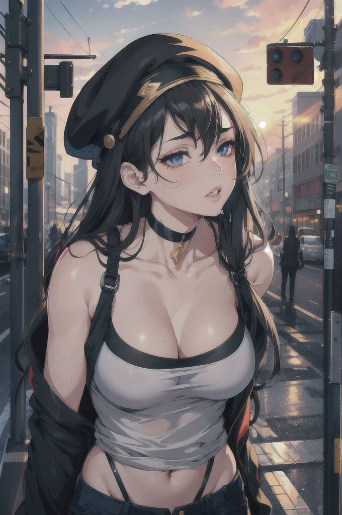 highres, highest quallity, illustration, ultra detailed, (detailed face), (detailed eyes), soft lighting, best quality, hazy glow, dreamy atmosphere, hyper detailed, masterpiece, 1girl, solo,black long hair, (black eyes:1.2), (white tank top:1.0), luminous eyes, large breasts, (colorful),from below, outdoors, clouds, tall buildings in background, industrial, public transportation, urban, concrete, sidewalk,summer, black Dhaka topi,black choker, silver bracelet,(ecstasy:1.3) ,(slut:1.2),(vulgarity:1.3),(fucked silly:1.1),(wet:0.8),(drooling:0.6),(sweat:0.8) ,(parted lips:1.3),(harf open eyes:1.4),backlighting, Radiant Sunset, Golden Embrace, Vibrant Twilight, Ablaze in Colors, Serenading Sun, bedroom eyes, romantic, looking pleasured, open smile