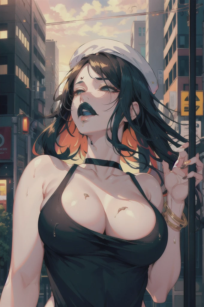 highres, highest quallity, illustration, ultra detailed, (detailed face), (detailed eyes), soft lighting, best quality, hazy glow, dreamy atmosphere, hyper detailed, masterpiece, 1girl, solo,black long hair, black eyes, white tank top, luminous eyes, large breasts, (colorful),from below, outdoors, clouds, tall buildings in background, industrial, public transportation, urban, concrete, sidewalk,summer, black Dhaka topi,black choker, silver bracelet,(ecstasy:1.3) ,(slut:1.2),(vulgarity:1.3),(fucked silly:1.1),(wet:0.8),(drooling:0.6),(sweat:0.8) ,(parted lips:1.3),(harf open eyes:1.4),backlighting, Radiant Sunset, Golden Embrace, Vibrant Twilight, Ablaze in Colors, Serenading Sun, light frown, bedroom eyes, romantic, looking pleasured