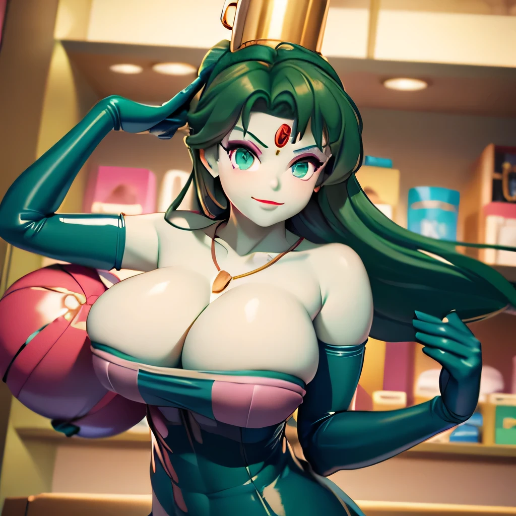 (masterpiece,best quality,ultra-delicate,Perfect Face,16k,high resolution,very beautiful woman), Atsugessho:1.3,deep green hair,blue latex bodycon dress, long latex gloves, green tights, (huge breasts,sexy pose), gold headpiece, pale blue skin, red gem on forehead, pink mist, ((cosmetics counter)), holding large red ball on rope, necklace, smirk, (extremely glossy)