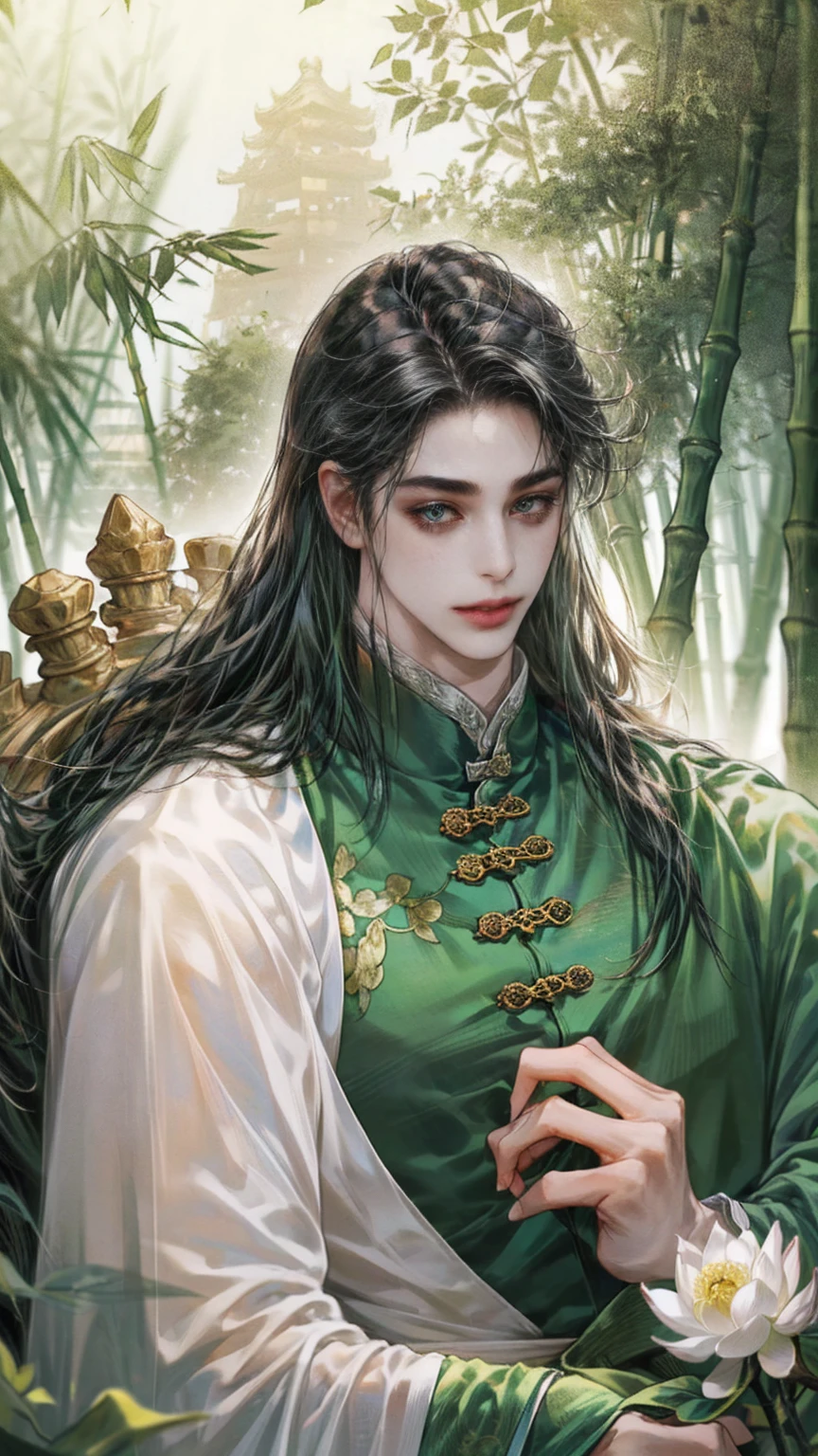 (((best quality))),masterpiece,ultra high resolution,extraordinarily beautiful youth, a bright, innocent smile,All green clothing,(absurdres, highres, ultra detailed, HDR), masterpiece, best quality, (1 boy) ,(((1 male,1 men,only one boy,perfect body, fair skin,sexy boy))),((boy 20 year old, green hanfu,green clothing, Chinese shirt style)) ,boy character ,((Thick black long hair)),beautiful face,detailed interior, detailed character,((man)),(in bamboo forest), black hair, smile,(white lotus),from anime The Scum Villain's Self Saving System,1man,the house of ancient China style, pure white lotus,beautiful and cute man ,(long black hair),black eyes,((solo man)),(he has a Big eyes, charming lips, slim nose and small face),(slim figures and no muscle),fragile body,Beautiful slender hands,Beautiful fingers 