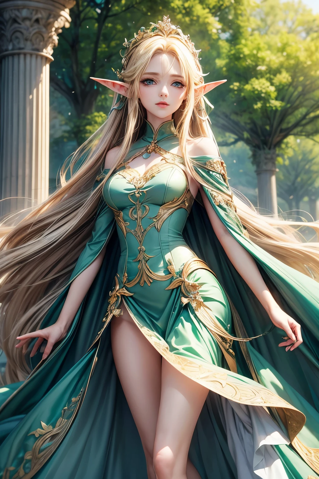masterpiece,Highest quality,Very detailed,Elf Beautiful Girl,Long blonde hair,Very beautiful and detailed eyes,Thin legs,Long skirt, underweight,Small breasts,Beautiful peppermint green dress,Luxurious cape,A luxurious palace
