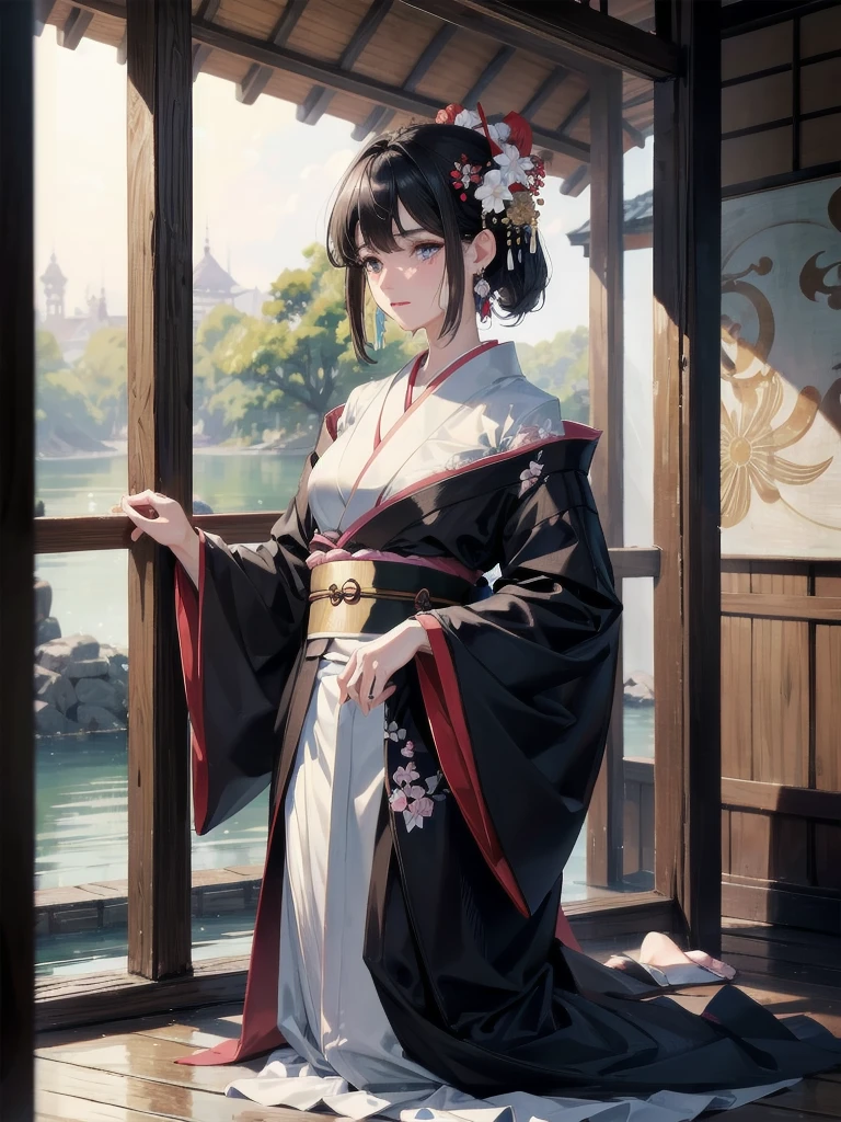 absurdres, RAW photo, extremely delicate and beautiful, masterpiece, Best Quality, ultra high resolution, 32k, hyperrealistic, ultra-detailed, in her 20s, delicate facial features, tearful mole, earring, medium breasts, full body shot, shorter middle hair, black hair, kimono, haori,