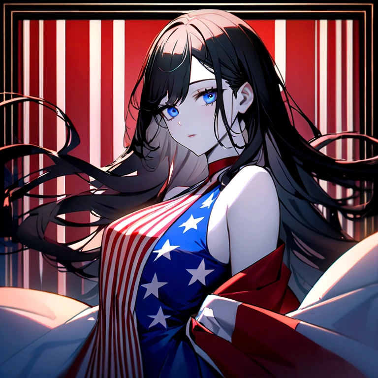 A Seductive Masterpiece of the Highest Quality and 8k Resolution: This captivating image showcases a mesmerizing landscape of a moonlit meadow, bathed in the ethereal glow of high contrast lighting. The depth of field expertly guides the viewer's gaze to a breathtaking close-up of a woman dressed in a star-spangled American flag dress, celebrating the Fourth of July. Her long, wavy, dark hair cascades down to her waist, framed by lush, elegant eyelashes that contrast beautifully against her pale skin. Her eyes, shimmering with a mysterious allure, are adorned with sparkling blue