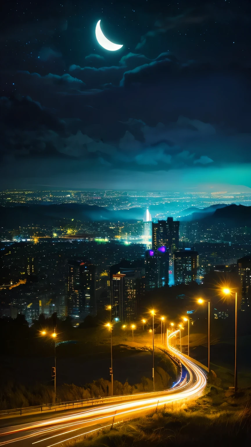 Highest quality、Landscape painting、Neon lights in the city、Starry Sky、moon
