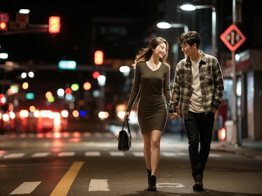 A striking, ultra-detailed image of a young Korean couple strolling hand-in-hand on a bustling night street. The man is dressed in a cozy flannel shirt,
while the woman is clad in a stylish, form-fitting dress. The city lights and traffic signals illuminate their surroundings, casting a warm, inviting glow. The couple's expressions convey a deep connection and passion, as they share a tender moment in the vibrant urban setting.