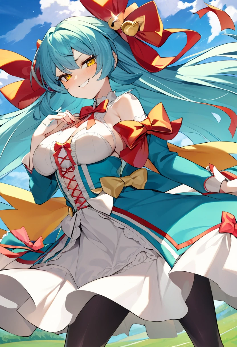(highest quality, amazing details: 1.25), (masterpiece), good artist, 1girl, (2heads:1.5),smug, naughty, chalk-white skin, solid gold eyes, self-satisfied smile, waist-length aqua blue hair, figure, a frilly sky blue and cyan dress with a large waist ribbon, a lace-up bodice with a large chest bow, overlong sleeves, and a skirt ornamented with bows, over layers of petticoats, dark cyan tights, and sky-blue lace-up boots with cyan bow ornaments., both heads having same hair color, magical girl