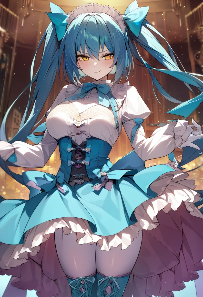 (highest quality, amazing details: 1.25), (masterpiece), good artist, 1girl, (2heads:1.5),smug, naughty, chalk-white skin, solid gold eyes, self-satisfied smile, waist-length aqua blue hair, figure, a frilly sky blue and cyan dress with a large waist ribbon, a lace-up bodice with a large chest bow, overlong sleeves, and a skirt ornamented with bows, over layers of petticoats, dark cyan tights, and sky-blue lace-up boots with cyan bow ornaments., both heads having same hair color, magical girl