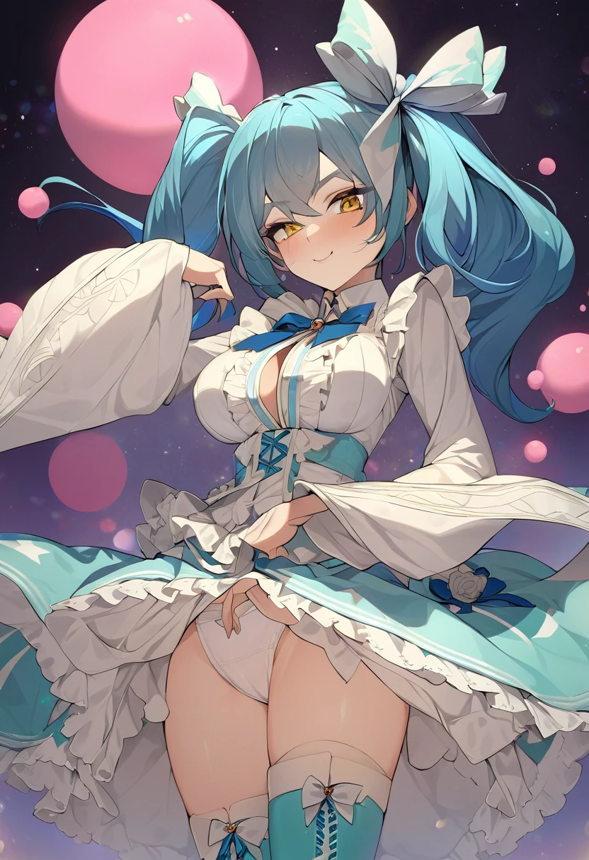 (highest quality, amazing details: 1.25), (masterpiece), good artist, 1girl, (2heads:1.5),smug, naughty, chalk-white skin, solid gold eyes, self-satisfied smile, waist-length aqua blue hair, figure, a frilly sky blue and cyan dress with a large waist ribbon, a lace-up bodice with a large chest bow, overlong sleeves, and a skirt ornamented with bows, over layers of petticoats, dark cyan tights, and sky-blue lace-up boots with cyan bow ornaments., both heads having same hair color, magical girl