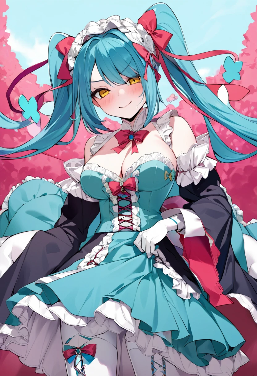 (highest quality, amazing details: 1.25), (masterpiece), good artist, 1girl, (2heads:1.5),smug, naughty, chalk-white skin, solid gold eyes, self-satisfied smile, waist-length aqua blue hair,  figure, a frilly sky blue and cyan dress with a large waist ribbon, a lace-up bodice with a large chest bow, overlong sleeves, and a skirt ornamented with bows, over layers of petticoats, dark cyan tights, and sky-blue lace-up boots with cyan bow ornaments., both heads having same hair color, magical girl