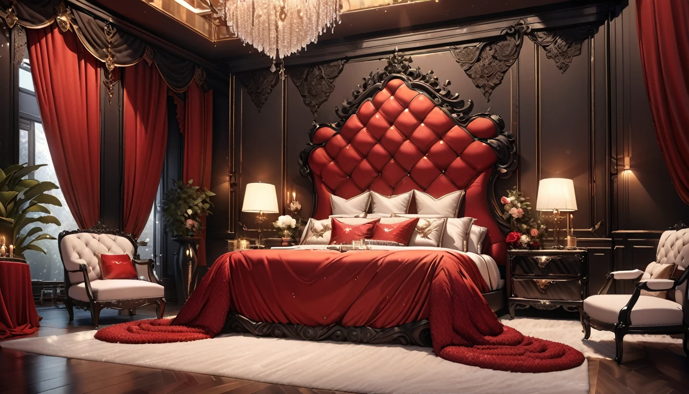 a fluffy red silk duvet, many large silk cushions, a luxurious and fluffy red silk bed, extremely detailed, high quality, 8k, best quality, photorealistic, studio lighting, lush, elegant, soft, delicate, rich, warm colors, serene, luxurious bedroom interior, plush, velvety, opulent, ornate, detailed silk textures, fine details, sumptuous, sophisticated, lavish, exquisite, opulent, refined, grandiose, magnificent, huge bed