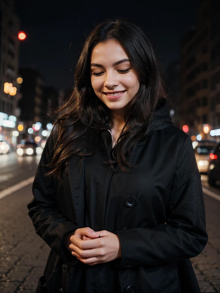 Young woman in a city by night , smiling and eyes closed, with a closed black Coat