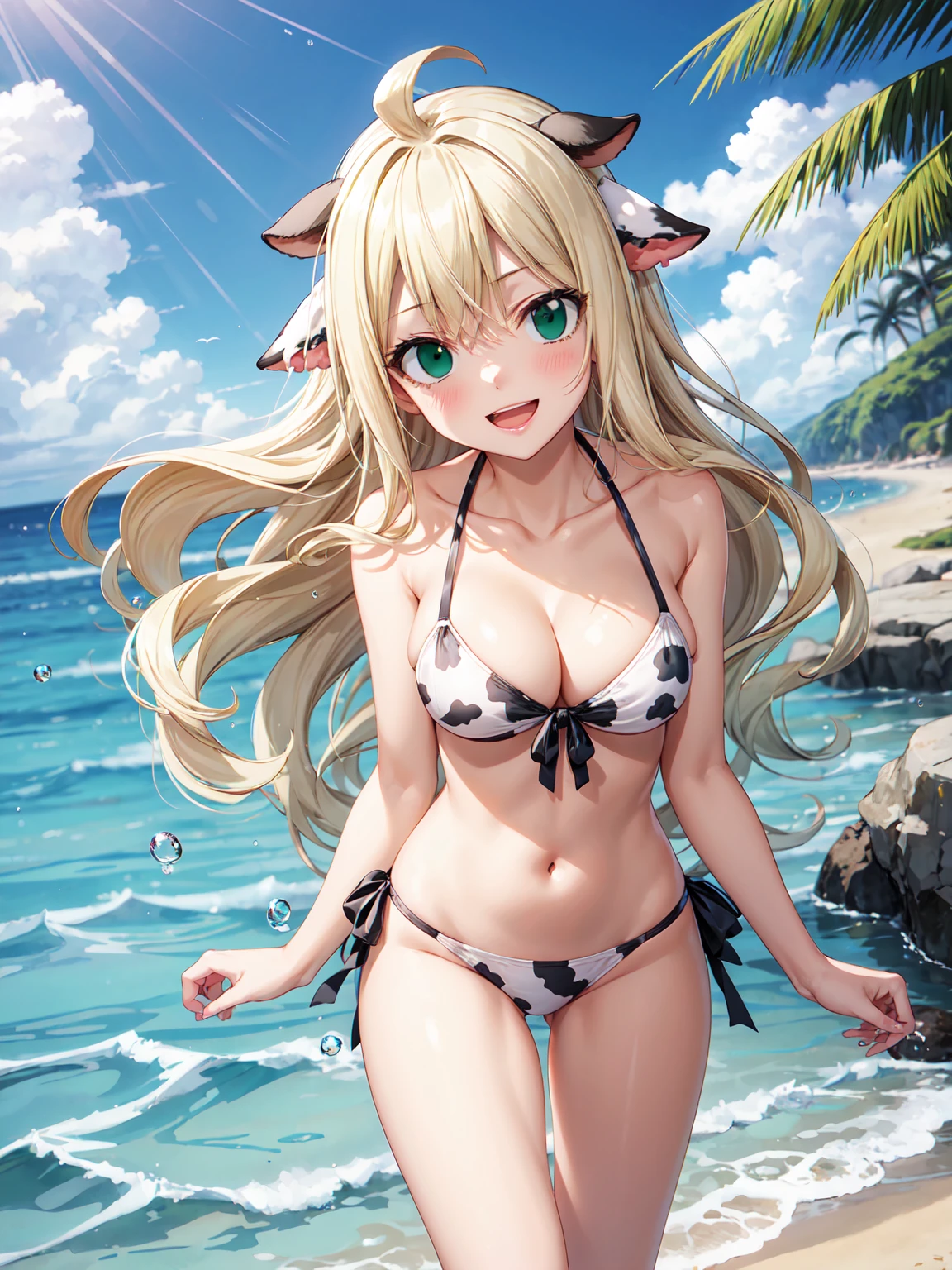 Masterpiece ,best quality , high resolution , (1 girl solo:1.38) , (mavis , long hair, blonde hair, (green eyes:1.5), ahoge, wavy hair, animal ears,) , (cleavage:1.2) , (medium breast:1.28) , (wear , bikini , strong wind , big wing ,  head tilt ) , (cleavage:1.15) , (big breast:1.1) , (face view , look at view , smile , open mouth) , (standing cow boy_shot) , (outdoor , in water , droplet , in sea , ocean , beach)