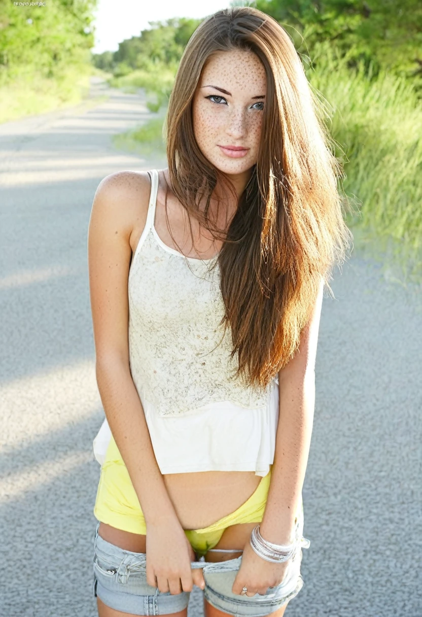 brown hair brown eyed girl, lots of freckles, cute, sexy, jean shorts