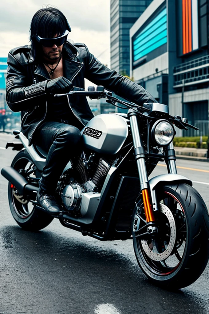 rocker driving cyberpunk motorcycle