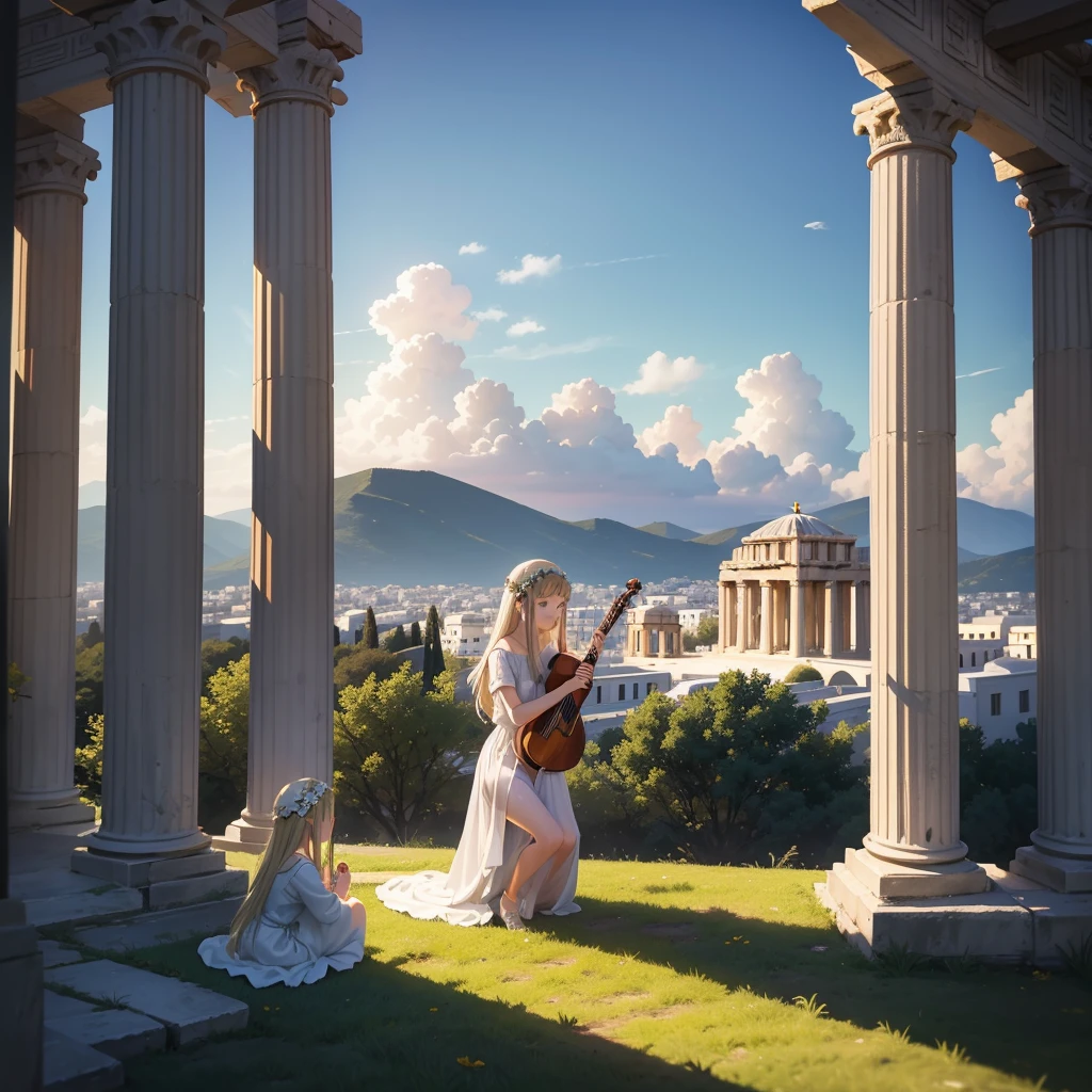 最high quality、high quality、Young Greek God々、Sanctuary Grasslands、Long dress、Full of light、Mysterious、Little angels are playing instruments all around、Greek temple in the distance、Clouds floating on the ground
