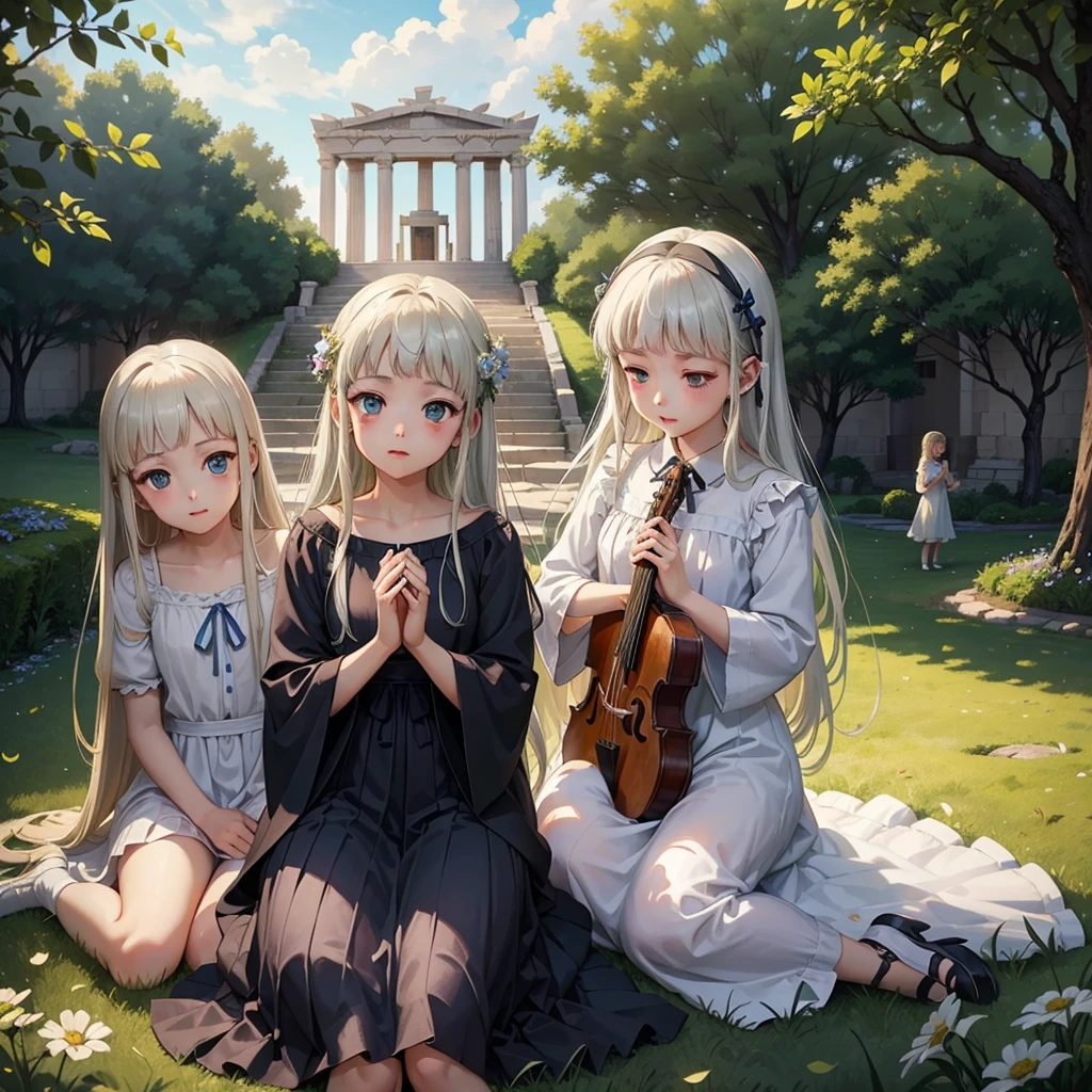 最high quality、high quality、Young Greek God々、Sanctuary Grasslands、Long dress、Full of light、Mysterious、Little angels are playing instruments all around、Greek temple in the distance、Clouds floating on the ground