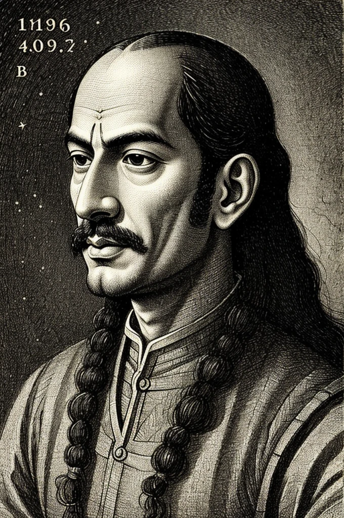 This is an illustration of Aryabhata, a renowned ancient Indian mathematician and astronomer. Aryabhata is well-known for his significant contributions to mathematics and astronomy, including the approximation of π (pi), the concept of zero, and the Aryabhata algorithm for solving linear Diophantine equations. He lived during the 5th century AD and authored the famous work "Aryabhatiya."