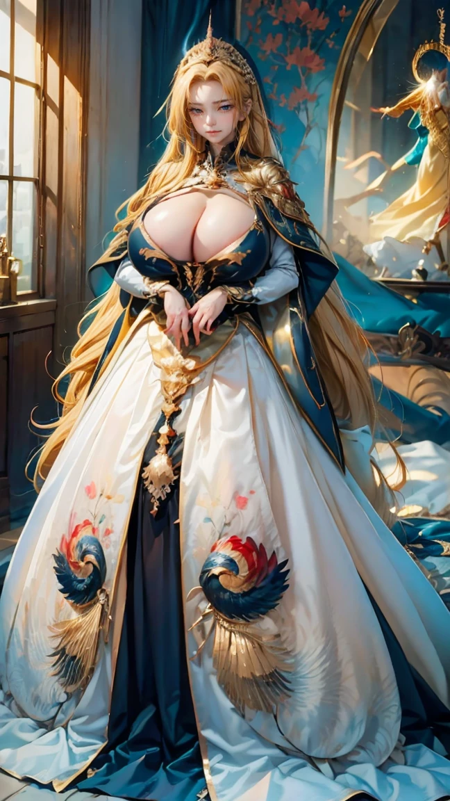 Best quality, masterpiece, ultra high res, raw photo, beautiful and aesthetic,deep shadow, dark theme,(ultra detailed:1.3),
1girl, dynamic pose, Headdress, (beautiful face, detailed eye:1.2), embarrassed, (busty breasts, gigantic breasts:1.1), drill hair, long hair, blonde hair, gradient hair, yellow eyes, solo, big hair, blue hair, divine goddess, looking at viewer, indoors, royal palace, medieval bedroom, astraea, full body, nhjy, a dress with a long train and a cape