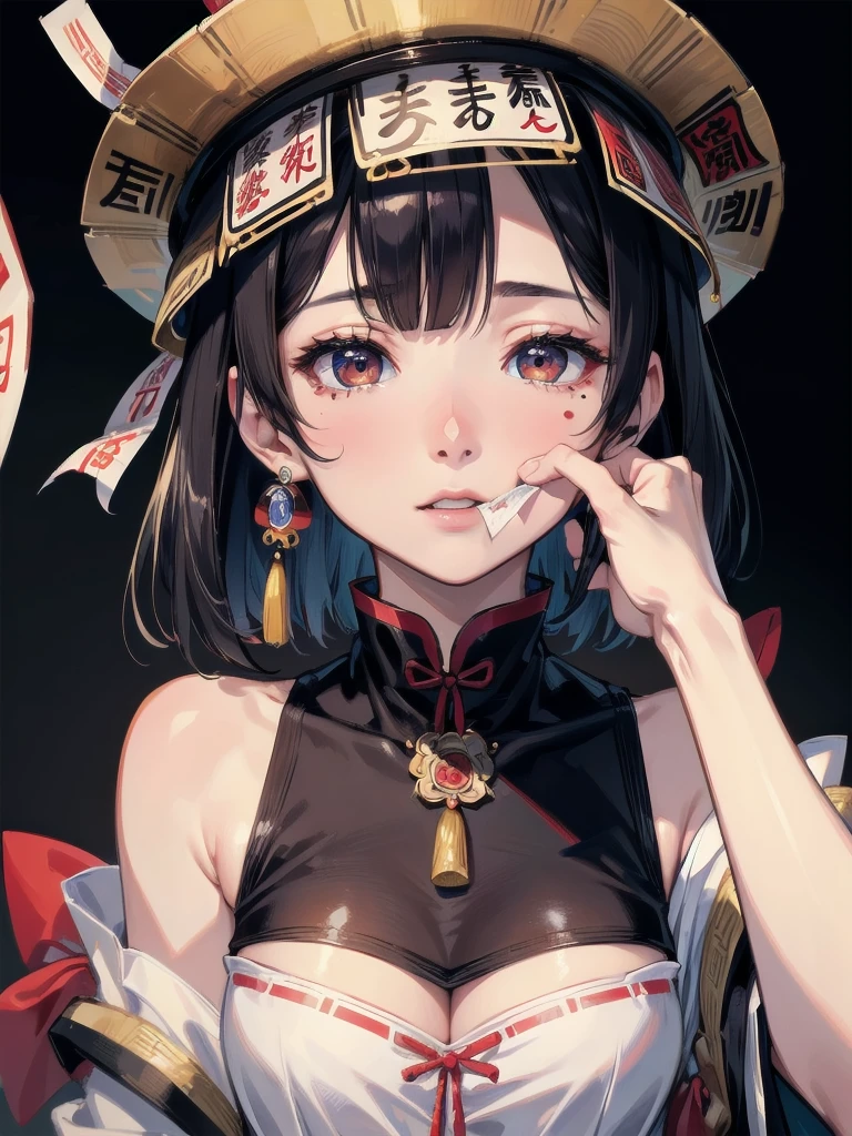absurdres, RAW photo, extremely delicate and beautiful, masterpiece, Best Quality, ultra high resolution, 32k, hyperrealistic, ultra-detailed, in her 20s, delicate facial features, tearful mole, earring, medium breasts, full body shot, shorter middle hair, black hair, ofuda, jiangshi,