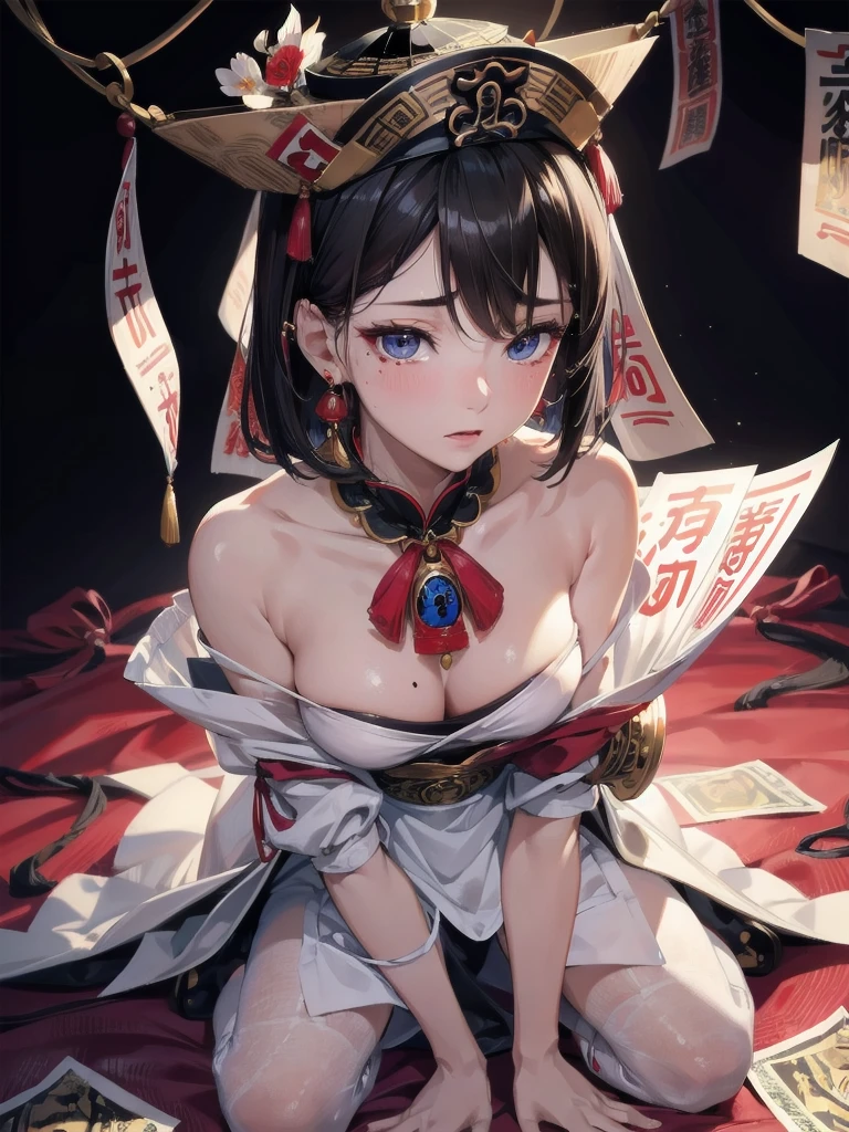 absurdres, RAW photo, extremely delicate and beautiful, masterpiece, Best Quality, ultra high resolution, 32k, hyperrealistic, ultra-detailed, in her 20s, delicate facial features, tearful mole, earring, medium , full body shot, shorter middle hair, black hair, ofuda, jiangshi,
