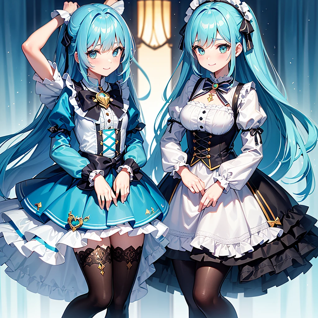 (highest quality, amazing details: 1.25), (masterpiece), good artist, 1girl, (2heads:1.5),smug, naughty, chalk-white skin, solid gold eyes, self-satisfied smile, waist-length aqua blue hair,  figure, a frilly sky blue and cyan dress with a large waist ribbon, a lace-up bodice with a large chest bow, overlong sleeves, and a skirt ornamented with bows, over layers of petticoats, dark cyan tights, and sky-blue lace-up boots with cyan bow ornaments., both heads having same hair color, magical girl