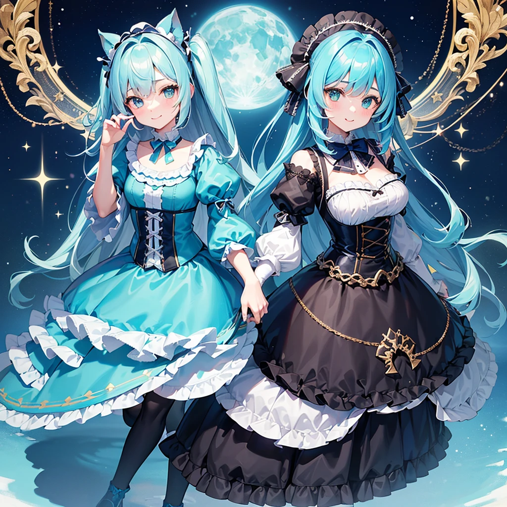 (highest quality, amazing details: 1.25), (masterpiece), good artist, 1girl, (2heads:1.5),smug, naughty, chalk-white skin, solid gold eyes, self-satisfied smile, waist-length aqua blue hair, figure, a frilly sky blue and cyan dress with a large waist ribbon, a lace-up bodice with a large chest bow, overlong sleeves, and a skirt ornamented with bows, over layers of petticoats, dark cyan tights, and sky-blue lace-up boots with cyan bow ornaments., both heads having same hair color, magical girl