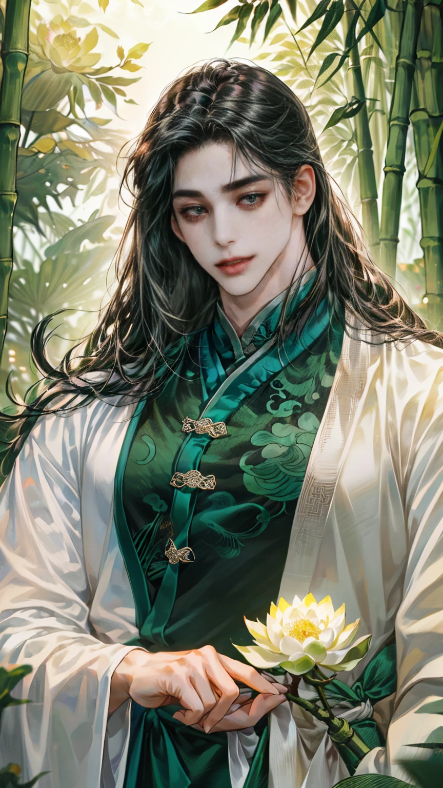 (((best quality))),masterpiece,ultra high resolution,extraordinarily beautiful youth, a bright, innocent smile,All green clothing,(absurdres, highres, ultra detailed, HDR), masterpiece, best quality, (1 boy) ,(((1 male,1 men,only one boy,perfect body, fair skin,sexy boy))),((boy 20 year old, green hanfu,green clothing, Chinese shirt style)) ,boy character ,((Thick black long hair)),beautiful face,detailed interior, detailed character,((man)),(in bamboo forest), black hair, smile,(white lotus),from anime The Scum Villain's Self Saving System,1man,the house of ancient China style, pure white lotus,beautiful and cute man ,(long black hair),black eyes,((solo man)),(he has a Big eyes, charming lips, slim nose and small face),(slim figures and no muscle),fragile body,Beautiful slender hands,Beautiful fingers, ((He has a slander shape,slim figures))