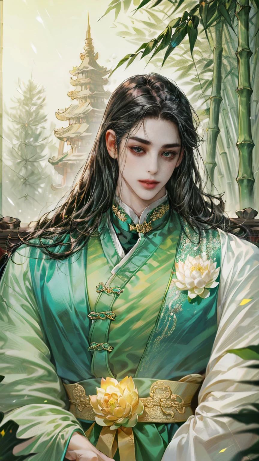 (((best quality))),masterpiece,ultra high resolution,extraordinarily beautiful youth, a bright, innocent smile,All green clothing,(absurdres, highres, ultra detailed, HDR), masterpiece, best quality, (1 boy) ,(((1 male,1 men,only one boy,perfect body, fair skin,sexy boy))),((boy 20 year old, green hanfu,green clothing, Chinese shirt style)) ,boy character ,((Thick black long hair)),beautiful face,detailed interior, detailed character,((man)),(in bamboo forest), black hair, smile,(white lotus),from anime The Scum Villain's Self Saving System,1man,the house of ancient China style, pure white lotus,beautiful and cute man ,(long black hair),black eyes,((solo man)),(he has a Big eyes, charming lips, slim nose and small face),(slim figures and no muscle),fragile body,Beautiful slender hands,Beautiful fingers, ((He has a slander shape,slim figures))