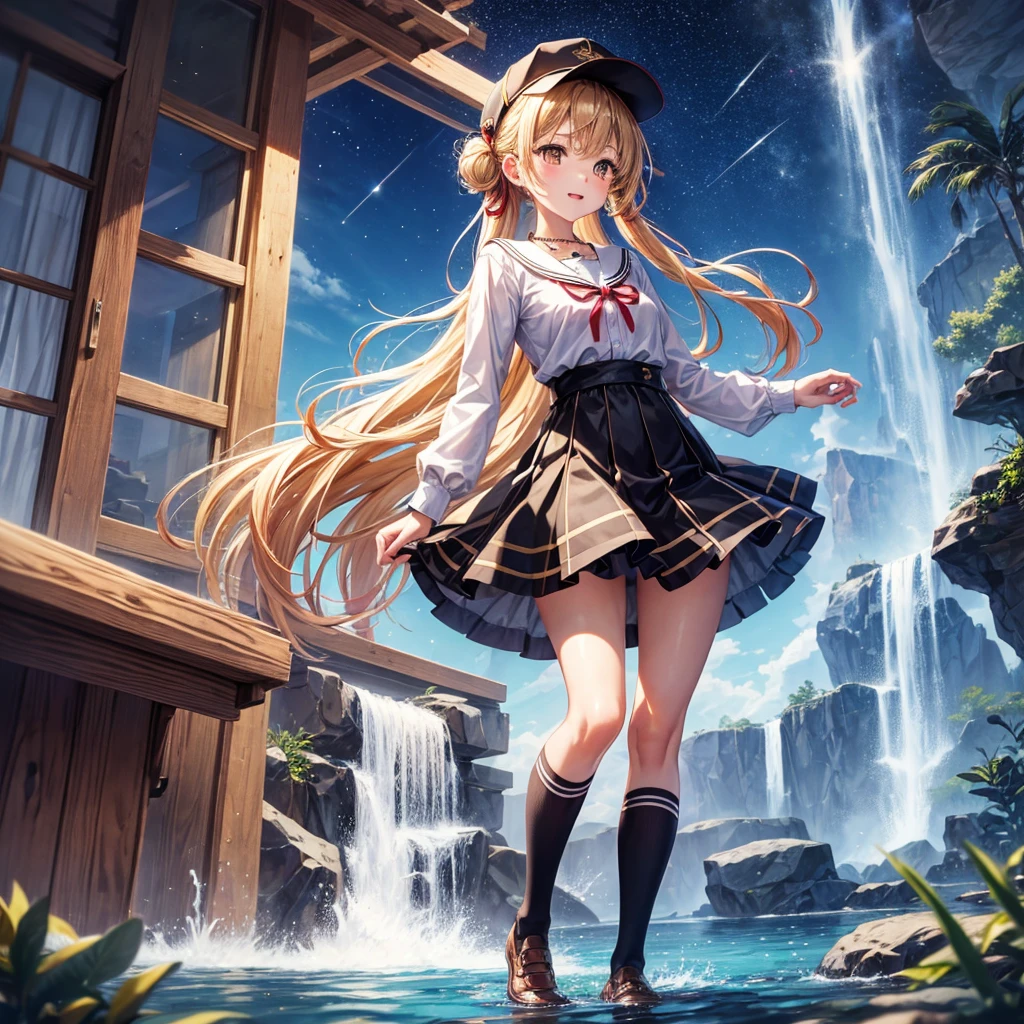Red, brown, gold, gold hair、Golden Eyes、Hair tied up、One good looking girl、solo、anime、Checkered mini skirt、Ruffles on the skirt、Checked dress、blouse、school uniform、Black knee-high socks、Wearing a baseball cap、Ribbon、Ribbon on waist、Teeth are visible、Silver coin necklace、From above、Cobblestones、waterfall、Starry Sky、Midnight Moon、suspension bridge、Soap bubbles are flying、beam、ripple、Rocks floating in water、Crab walking、Standing still、Eight Towers、Palm Tree、Transparent