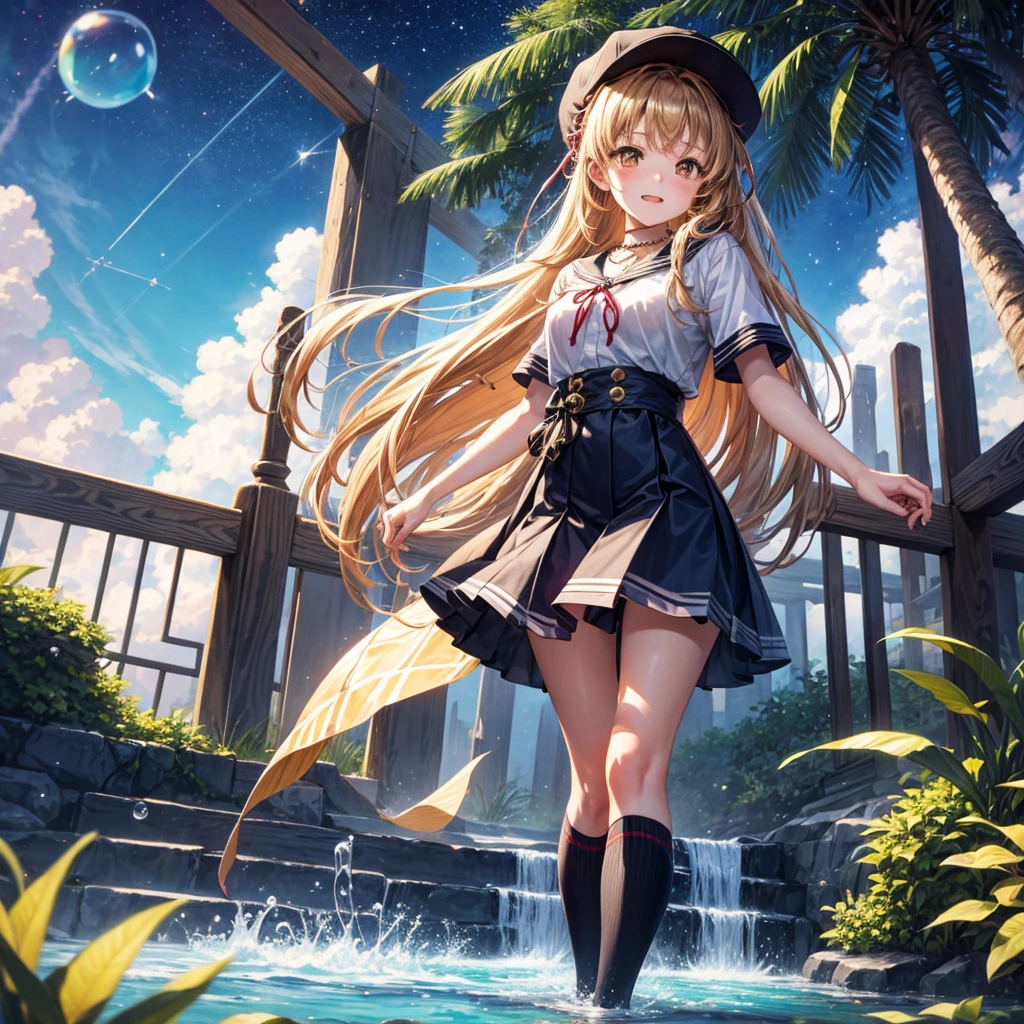 Red, brown, gold, gold hair、Golden Eyes、Hair tied up、One good looking girl、solo、anime、Checkered mini skirt、Ruffles on the skirt、Checked dress、blouse、school uniform、Black knee-high socks、Wearing a baseball cap、Ribbon、Ribbon on waist、Teeth are visible、Silver coin necklace、From above、Cobblestones、waterfall、Starry Sky、Midnight Moon、suspension bridge、Soap bubbles are flying、beam、ripple、Rocks floating in water、Crab walking、Standing still、Eight Towers、Palm Tree、Transparent