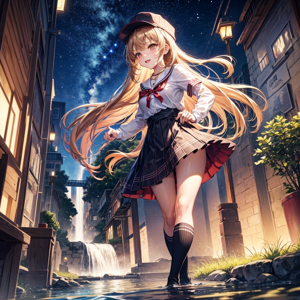 Red, brown, gold, gold hair、Golden Eyes、Hair tied up、One good looking girl、solo、anime、Checkered mini skirt、Ruffles on the skirt、Checked dress、blouse、school uniform、Black knee-high socks、Wearing a baseball cap、Ribbon、Ribbon on waist、Teeth are visible、Silver coin necklace、From above、Cobblestones、waterfall、Starry Sky、Midnight Moon、suspension bridge、Soap bubbles are flying、beam、ripple、Rocks floating in water、Crab walking、Standing still、Eight Towers、Palm Tree、Transparent