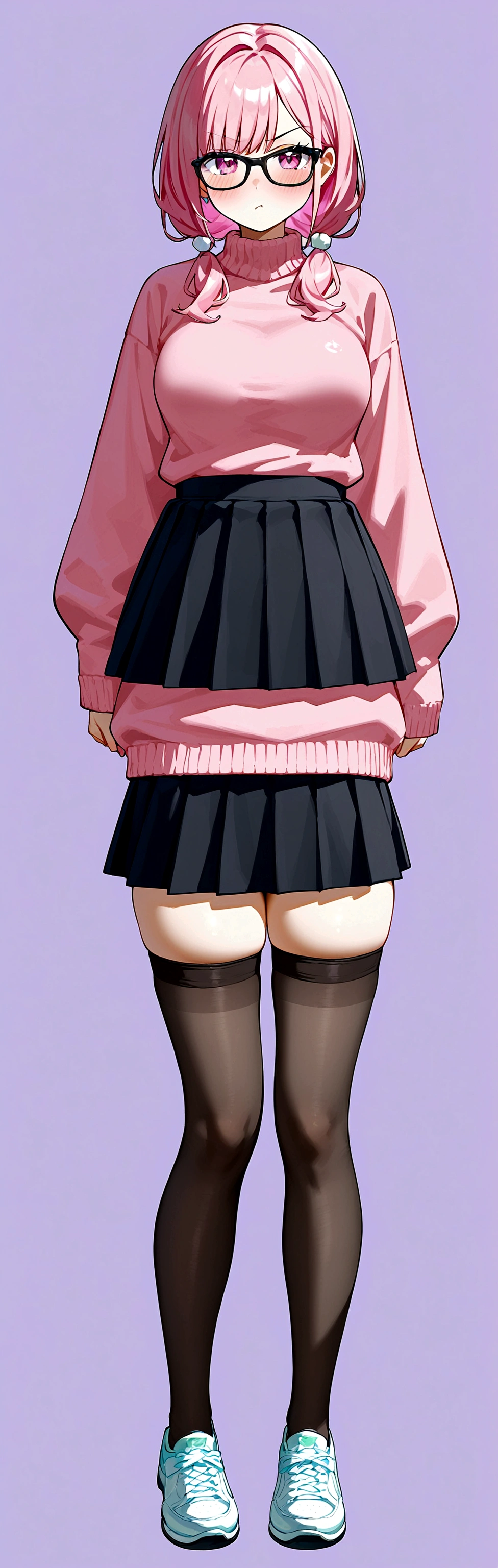 pink hair black glasses pink eyes extremely blushing a big pink sweater short black skirt black stockings white tennis shoes that is a reserved girl that is pouting
