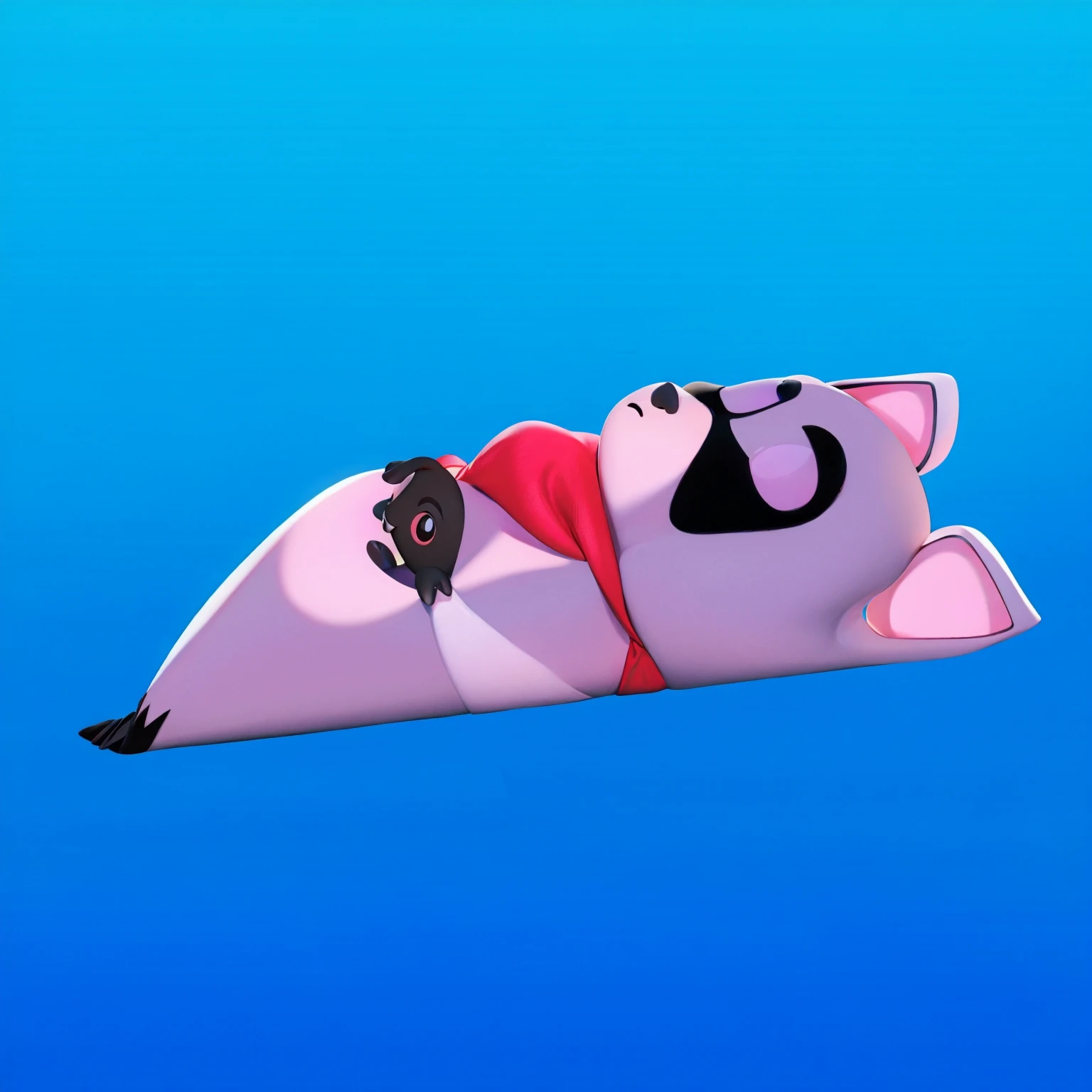 This image features a cartoonish raccoon character lying in a blue coffin. The raccoon is dressed in a purple outfit with a red scarf and has a black mask painted on its face. The character appears to be peacefully resting with its eyes closed. The scene is set against a gradient blue background, which enhances the somber yet whimsical nature of the image. The bright colors of the raccoon's outfit and the coffin create a striking contrast, adding to the surreal and imaginative quality of the scene.