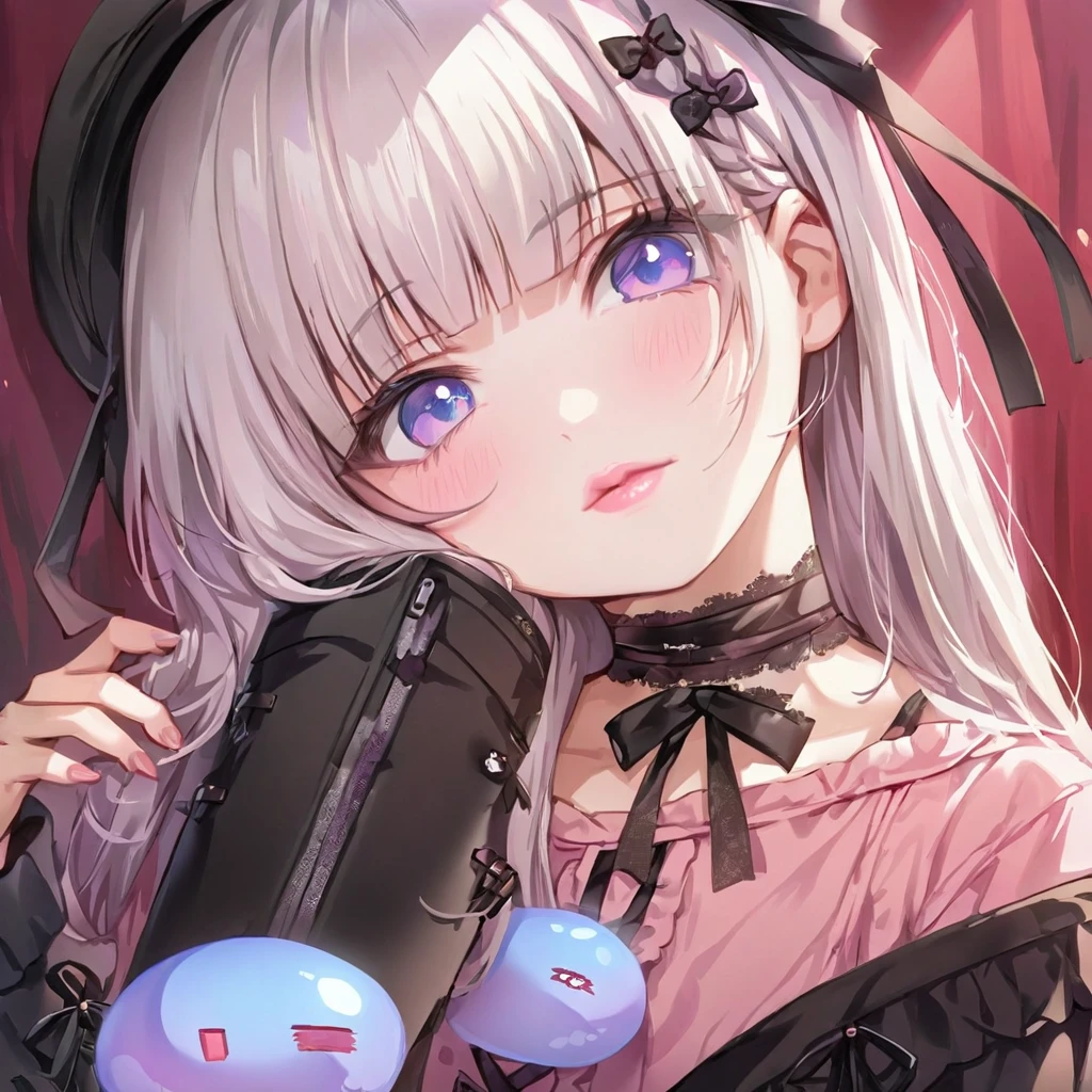 a masterpiece, beautiful eyes, a beautiful face, beautiful depiction, details, ultra detailed, 8K,kawaii, mesugaki, fangs, 
light atmosphere, (Cute a girl:1.5), (a girl with closs hair pin,
pink shirt,cosplay, jirai kei, bangs, black skirt, black bow, looking at viewer, bow, long sleeves, choker, ribbon,pink lips,Thick-soled boots,portrait  shot :1.4),boots focus,
(masterpiece:1.3), anime visual, (Lovey-dovey:1.5), (tilt head:1.3), extremely delicate face, soft clean focus, realistic lighting and shading, (an extremely delicate and beautiful art:1.3),
a lavender-colored slime girl is wrapping a white-haired, blue-eyed girl in her own body, both of them with expressions of ecstasy.