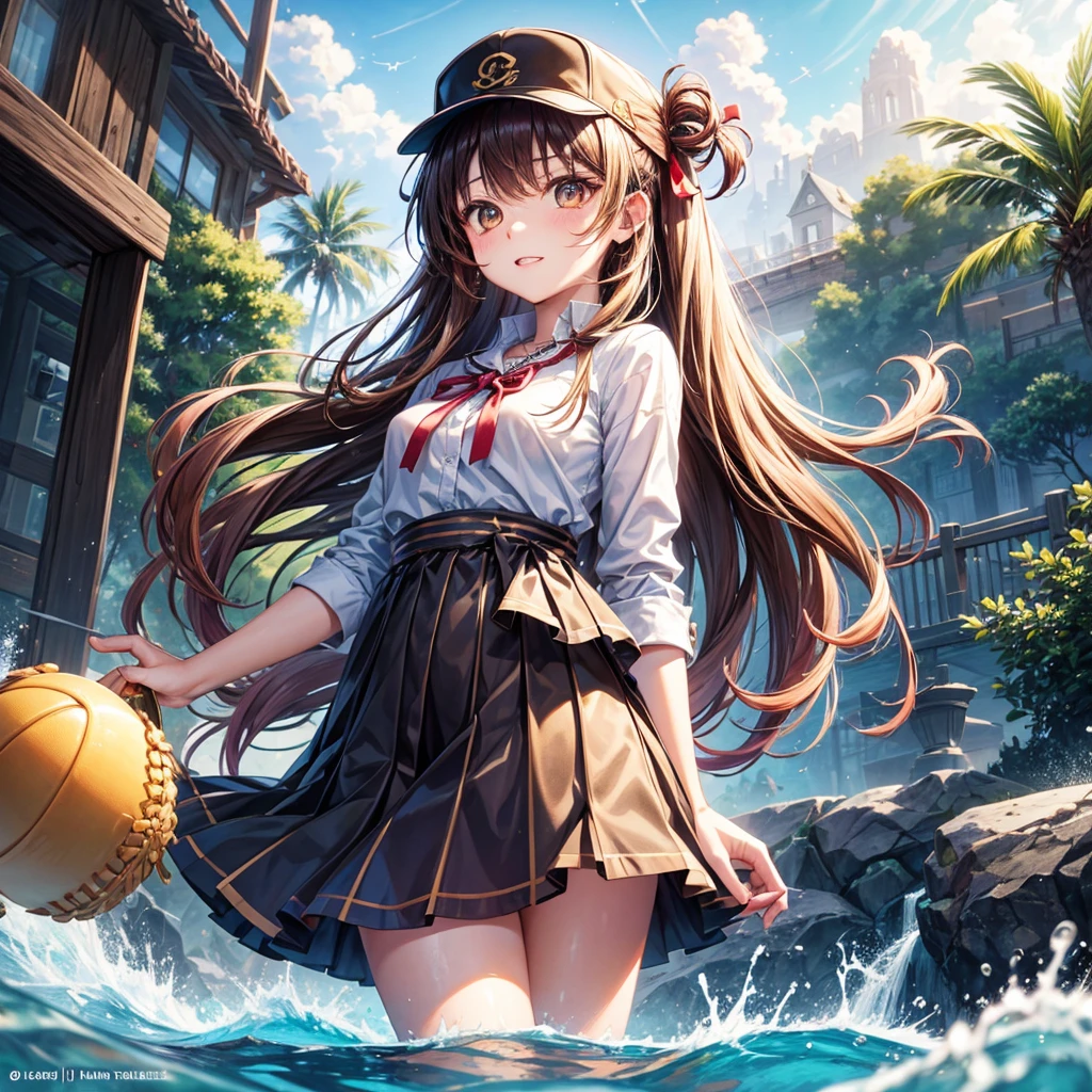 Red, brown, gold, gold hair、Golden Eyes、Hair tied up、One good looking girl、solo、anime、Checkered mini skirt、Ruffles on the skirt、Checked dress、blouse、school uniform、Black knee-high socks、Wearing a baseball cap、Ribbon、Ribbon on waist、Teeth are visible、Silver coin necklace、From above、Cobblestones、waterfall、Starry Sky、Midnight Moon、suspension bridge、Soap bubbles are flying、beam、ripple、Rocks floating in water、Crab walking、Standing still、Eight Towers、Palm Tree、Transparent