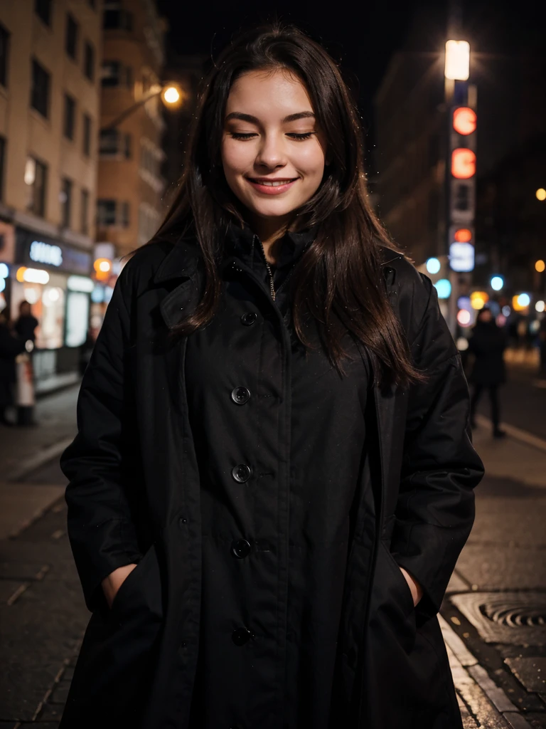 Young woman in a city by night , smiling and eyes closed, with a closed black Coat, hands in pockets