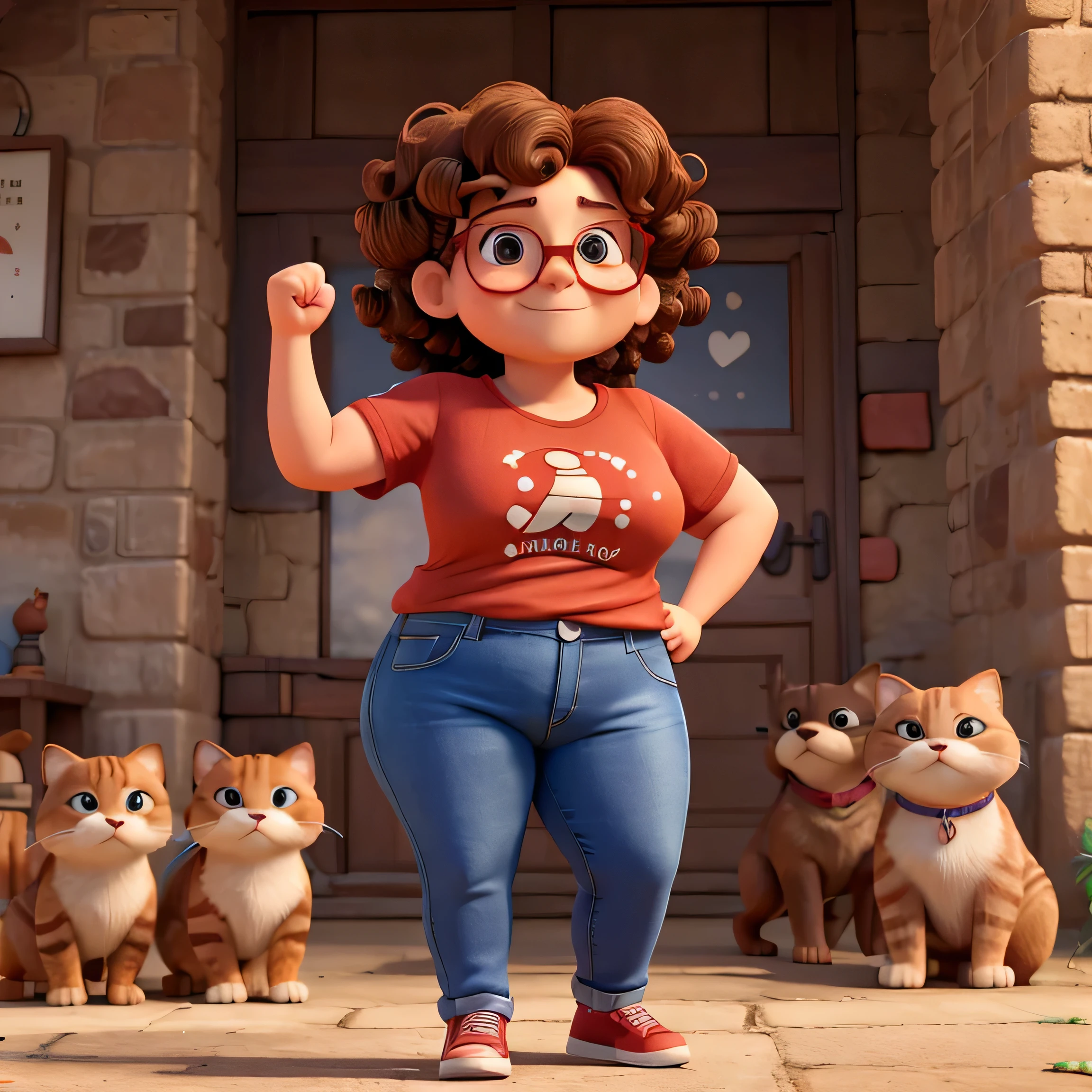a slightly fat woman aged 55, mature features, curly brown hair with a masculine cut. She wears square-shaped glasses, a red t-shirt and jeans and has both arms raised upwards, with closed fists showing her strength, in the background there are stray cats and dogs.