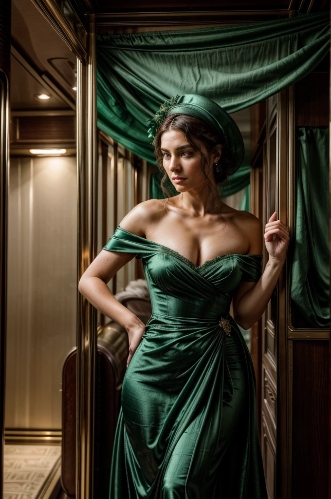 In a luxurious train compartment traveling through the picturesque countryside, a group of middle-aged ladies from the late 18th century gathers, their attire and expressions marking them as figures of intrigue and authority, Tall and statuesque, dressed in a flowing gown of deep green silk that drapes elegantly around her form. Her hat is adorned with feathers that match the rich hue of her dress, adding a touch of regal splendor. She carries a fan in shades of emerald, which she wields with practiced grace, accentuating her gestures with a subtle flourish.
Expression: Her face is a study in composure, with high cheekbones and a strong jawline framing features that betray little emotion. Her dark eyes, sharp and observant, survey the passing scenery with a keen intellect that hints at her formidable intelligence and influence.