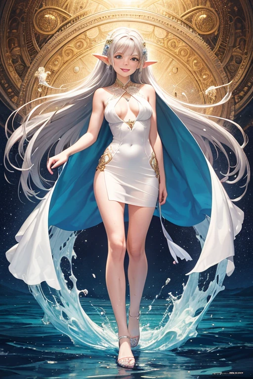 ((best quality)), ((masterpiece)), (detailed), 1girl elvish, jk, full body，Naked, wet，white skin，Green eyes, happy and smiling, Long hair loose in the wind, silver hair，medium breasts, kaleidoscope background image with soft colors, Gold tones，8k，Need，masterpiece.