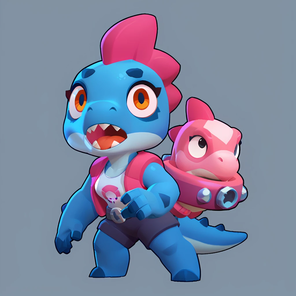 full view of a dinosaur, female, dark blue skin, friendly dinosaur, having a pink and white buoy, dinosaur animal, brawl, brawl stars