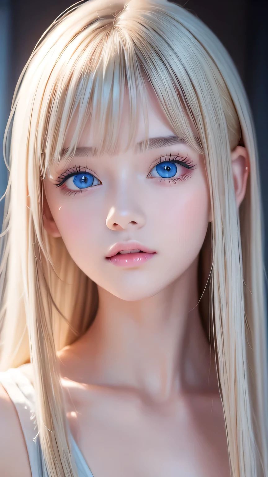 Highest quality、masterpiece、(Realistic:1.4)、One very beautiful blonde girl、Dazzlingly long, super long straight silky platinum blonde、Bangs between the eyes、bangs on the face、Big, very bright light blue eyes that shine so beautifully、Very big eyes、front、Detailed face、Beautiful Eyes、Very white and bright, beautiful skin、Small Face Beauty、14 year old beautiful girl、Cheek gloss highlighter、Round face