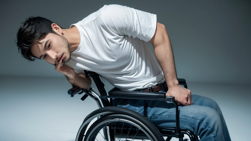 A handsome 30-year-old boy with spinal cord injury and quadriplegia. He was breathing with the aid of a ventilator. His upper body was fixed on the backrest of the wheelchair with a restraint belt and was sitting in an electric wheelchair