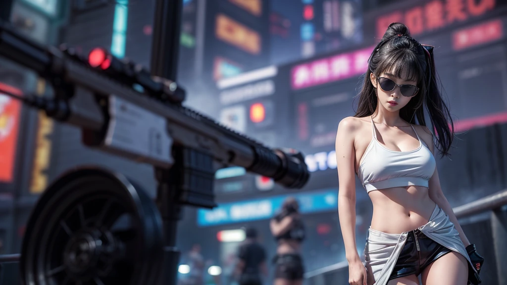 8k, Realistic Skin Texture, Realistic Photo, Neo Tokyo, slim Japanese women, large-breast:1.3 cleavage:1.2, AD2050 at night, Dirty hunting jacket, Wearing tube top, miniskirt, (((black sunglasses, automatic rifle, sneakers, cold, shooting pose, low angle view))), Innovative composition, revenge, cyberpunk, blade runner worldview, Large neon sign, Geisha hologram sign, Strong Wakamoto Sign.