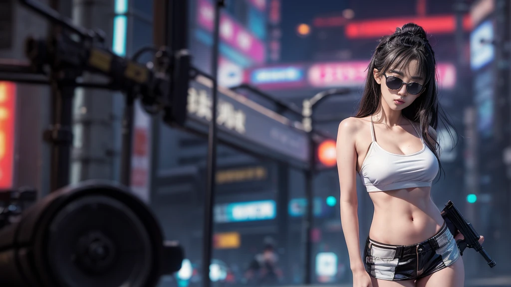 8k, Realistic Skin Texture, Realistic Photo, Neo Tokyo, slim Japanese women, large-breast:1.3 cleavage:1.2, AD2050 at night, Dirty hunting jacket, Wearing tube top, miniskirt, (((black sunglasses, automatic rifle, sneakers, cold, shooting pose, low angle view))), Innovative composition, revenge, cyberpunk, blade runner worldview, Large neon sign, Geisha hologram sign, Strong Wakamoto Sign.