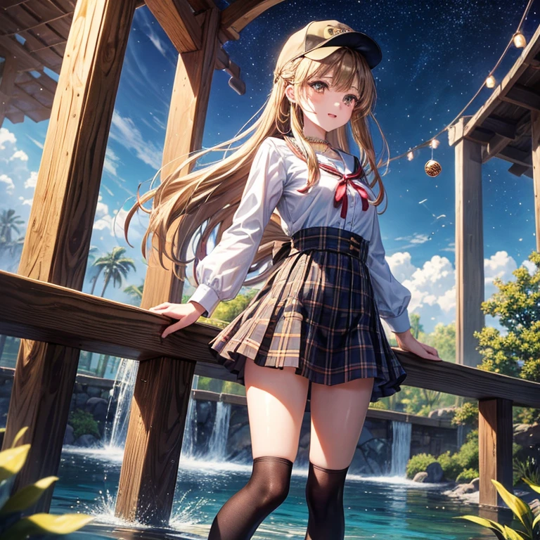 Red, brown, gold, gold hair、Golden Eyes、Hair tied up、One good looking girl、solo、anime、Checkered mini skirt、Ruffles on the skirt、Checked dress、blouse、school uniform、Black knee-high socks、Wearing a baseball cap、Ribbon、Ribbon on waist、Teeth are visible、Silver coin necklace、From above、Cobblestones、waterfall、Starry Sky、Midnight Moon、suspension bridge、Soap bubbles are flying、beam、ripple、Rocks floating in water、Crab walking、Standing still、Eight Towers、Palm Tree、Transparent