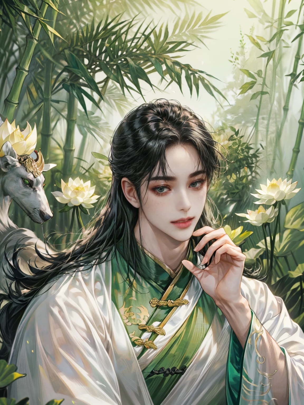 (((best quality))),masterpiece,ultra high resolution,extraordinarily beautiful youth, a bright, innocent smile,All green clothing,(absurdres, highres, ultra detailed, HDR), masterpiece, best quality, (1 boy) ,(((1 male,1 men,only one boy,perfect body, fair skin,sexy boy))),((boy 20 year old, green hanfu,green clothing, Chinese shirt style)) ,boy character ,((Thick black long hair)),beautiful face,detailed interior, detailed character,((man)),(in bamboo forest), black hair, smile,(white lotus),from anime The Scum Villain's Self Saving System,1man,the house of ancient China style, pure white lotus,beautiful and cute man ,(long black hair),black eyes,((solo man)),(he has a Big eyes, charming lips, slim nose and small face),(slim figures and no muscle),fragile body,Beautiful slender hands,Beautiful fingers