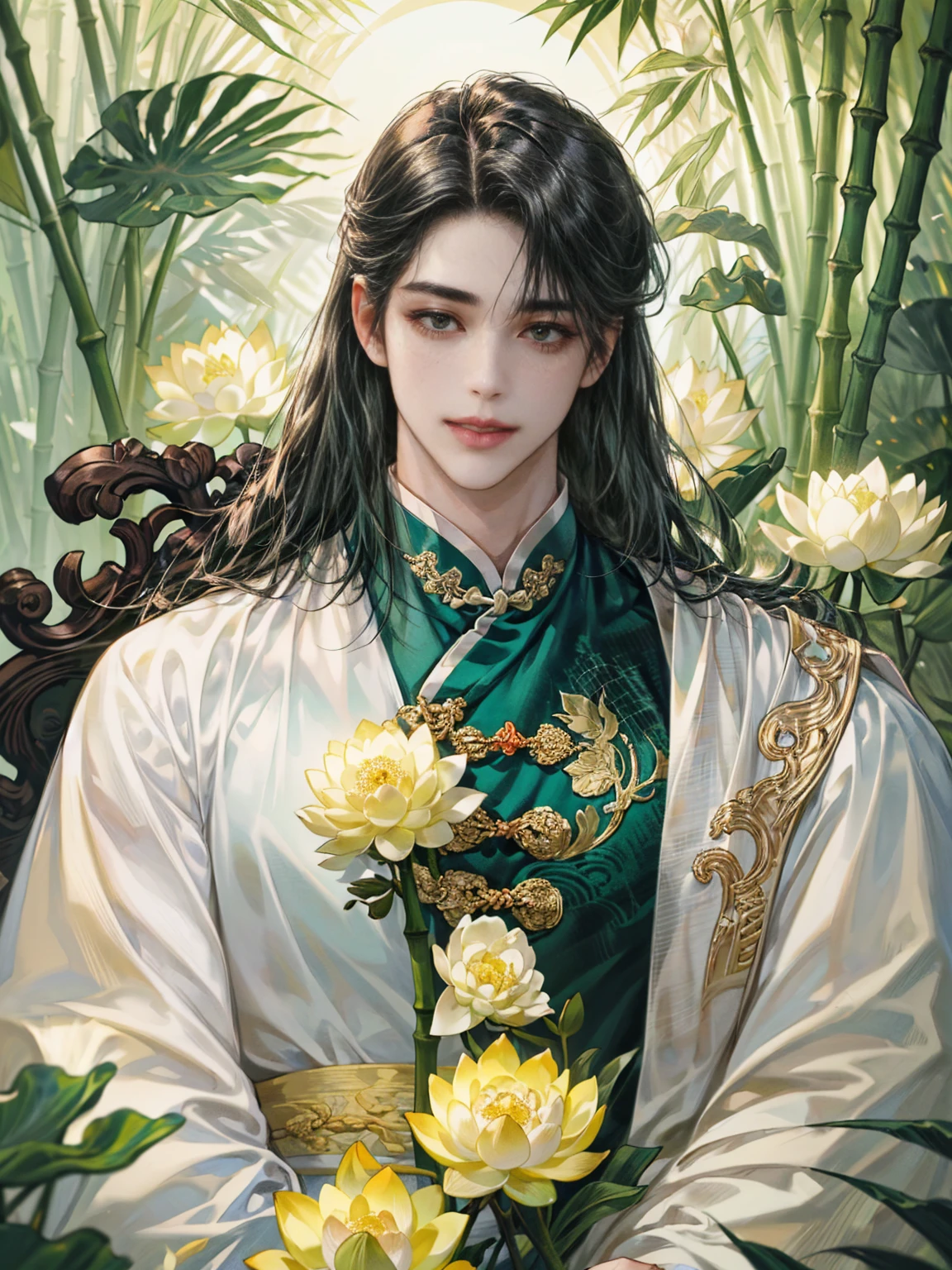 (((best quality))),masterpiece,ultra high resolution,extraordinarily beautiful youth, a bright, innocent smile,All green clothing,(absurdres, highres, ultra detailed, HDR), masterpiece, best quality, (1 boy) ,(((1 male,1 men,only one boy,perfect body, fair skin,sexy boy))),((boy 20 year old, green hanfu,green clothing, Chinese shirt style)) ,boy character ,((Thick black long hair)),beautiful face,detailed interior, detailed character,((man)),(in bamboo forest), black hair, smile,(white lotus),from anime The Scum Villain's Self Saving System,1man,the house of ancient China style, pure white lotus,beautiful and cute man ,(long black hair),black eyes,((solo man)),(he has a Big eyes, charming lips, slim nose and small face),(slim figures and no muscle),fragile body,Beautiful slender hands,Beautiful fingers