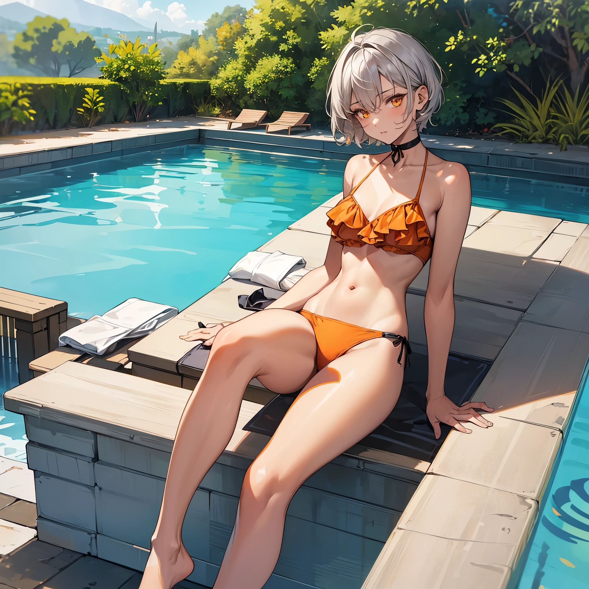 masterpiece, Highest quality, Perfect Face, Highest Resolution, Highest quality,Detailed depiction of the eyes, 1 girl, young, deep tan skin, slate gray hair, short hair, upturned eyes, Yellow Orange eyes, Perfect Anatomy, ribbon choker, swim suit, foot, large pool, swim