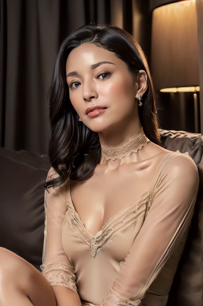 (((Ultimate Photorealistic, ultimate high-quality 32k photo:2))),(((American-shot photo taken from the front, looking at viewer seriously ))),(((( Seductive pose, 7 heads、Staring Intently :1.8)))),(((She has the perfect proportions of a goddess ,she is wearing a half sleeves matte dark beige classic elegant very Transparent lace fabric very lacy one piece semi–long dress that fits her perfectly,Wide open V-neck, He is staring straight ahead with a very embarrassed look on his face.。light makeup、elegant black wet middle bob。An elegant and simple beige very thin choker.:1.8)))。((Highest quality)), ((masterpiece)), (((detailed))), (((midnight ,Modern hotel bar on a dark pouring stormy night, Sitting with Knees Up on sofa , open legs, showing groin parts for viewer clearly, very Low Key Lighting:1.9)))、(((A very beautiful, extremely elegant and intelligent 42 year old Japanese woman。A feminine, curvaceous body。Beautiful line from hips to thighs、Extremely beautiful legs and calves、The cleavage, thighs and groin parts are extremely visible.、An extremely elegant, calm and modest smile, My eyes are extremely watery、I'm very horny、embarrassed&very blush, Curvy Body、Extremely realistic, detailed and beautiful depiction of face, décolletage, thighs and groin parts,Beautifully and accurately depicted knees,Ultra-realistic beautiful Japanese female skin texture:1.9)))、(((A very hot rainy summer night、My skin is quite sweaty、Her underwear and clothes are quite see-through、When wet, it sticks tightly to the skin, revealing the beautiful lines of the body.、Skin and groin are clearly visible through the extremely thin fabric:1.9)))。((Healthy Body、The line of the chest, collarbone and extremely beautiful and feminine décolleté are the ultimate beauty.:1.9))。(((large&good hips、large&nice chests, much tear-filled black eyes are beautifully and accurately depicted. :1.7 )))